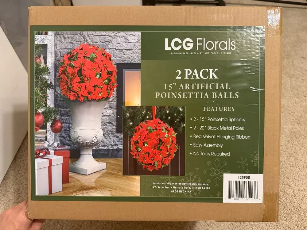 LCG Florals 2 Pack 15” Artificial Poinsettia Balls Christmas Decor Sealed NIB